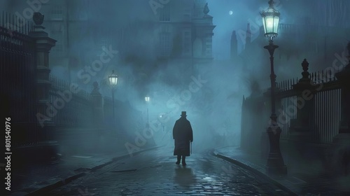 victorian era detective walking foggy london streets at night atmospheric concept illustration photo