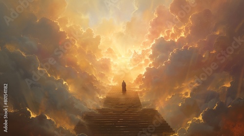 a person standing on a stairway in the clouds