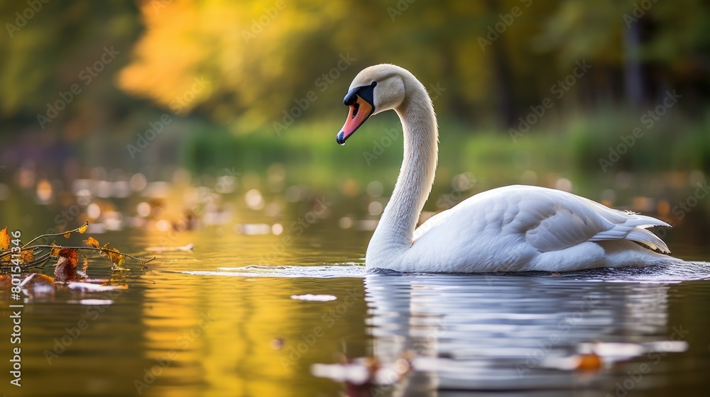 Fototapeta premium Graceful swan swimming in autumn lake