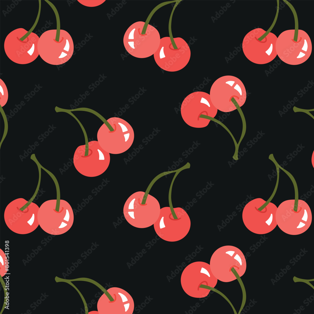 Black summer pattern with cherry. Red cherries vector seamless pattern n a black background. Good for Fabric, textile, giftware, wallpaper, for book design and more. Black summer pattern with cherry. Red cherries vector seamless pattern n a black background. Good for Fabric, textile, giftware, wallpaper, for book design and more.
