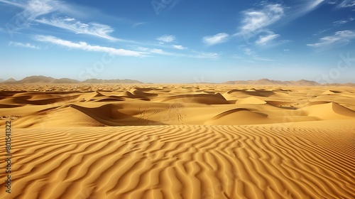 A vast desert expanse  stretching out as far as the eye can see  with towering sand dunes sculpted by the wind  creating mesmerizing patterns and textures in the soft  golden sand