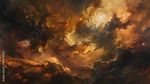 Stunning Cosmic Landscape Painting Depicting a Vast Expanse of Celestial Bodies,Glowing Nebulae,and the Dramatic Depths of the Universe