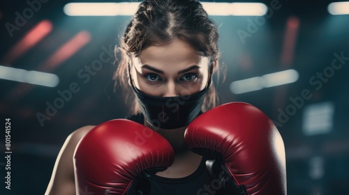 Determined female boxer in red gloves and mask © Balaraw