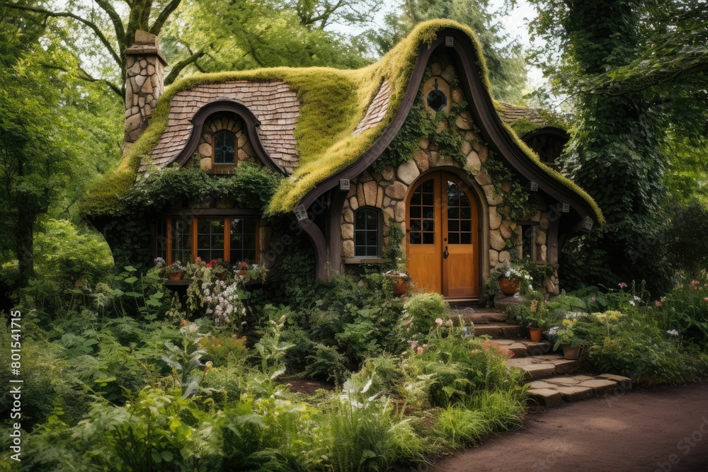 Enchanting moss-covered cottage in lush forest