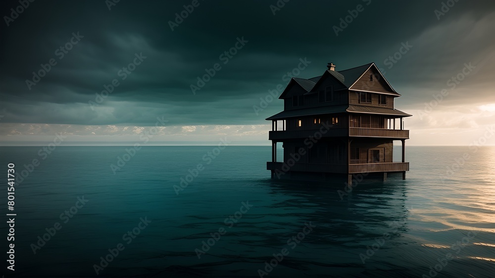 a house floating in the middle of the ocean under a cloudy sky with a sunbeam in the background..