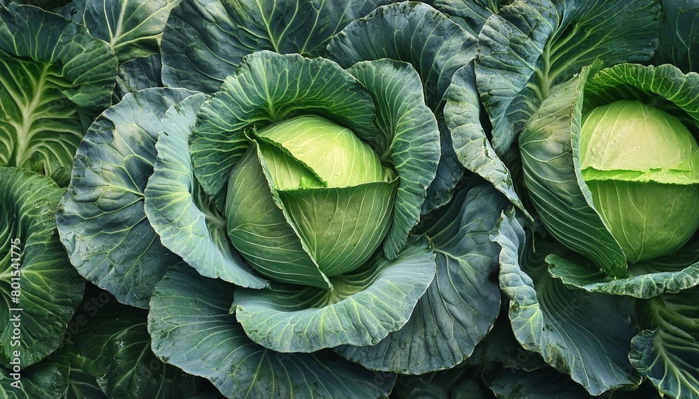 Obraz premium green cabbage close-up on a dark background, top view. Proper nutrition and healthy vegetables and vitamins.