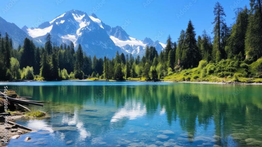 Serene mountain lake with snowy peaks and lush forest