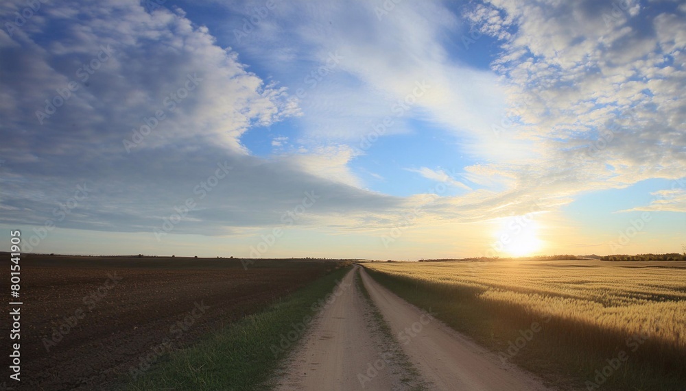 beautiful sunset sky with airy clouds and a field road.
