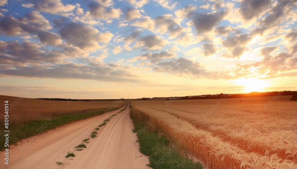 Naklejka premium beautiful sunset sky with airy clouds and a field road. 