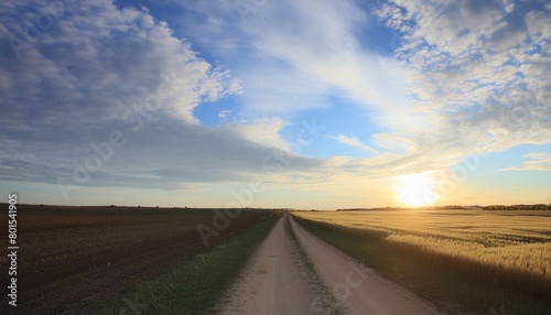 beautiful sunset sky with airy clouds and a field road. 