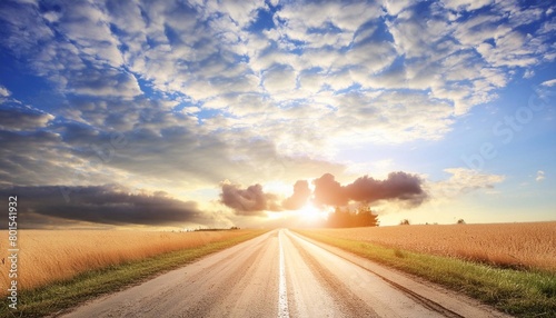 beautiful sunset sky with airy clouds and a field road. 