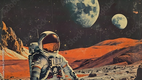 Vintage Space Collage in Pop Art Style,Nostalgic Renditions of Historical Milestones