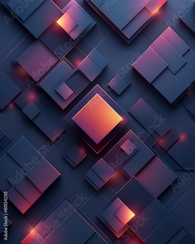 Create a seamless, geometric, 3D pattern of glowing orange squares and rectangles on a dark blue background