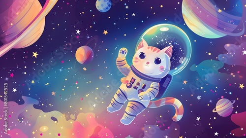Curious Feline Astronaut Exploring the Boundless Cosmos with Captivating Celestial Imagery © Maownie Studio