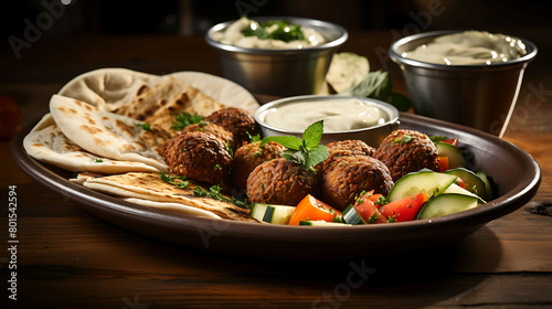 A flavorful and aromatic plate of Middle Eastern falafel with tahini sauce and pita bread.