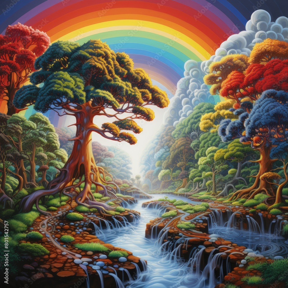 Obraz premium Vibrant fantasy landscape with rainbow, waterfalls, and lush vegetation