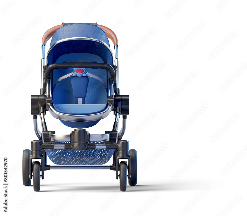 Blue leather jogging baby stroller on transparent background. 3D render front view