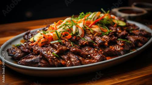 A flavorful and aromatic plate of Korean BBQ with marinated beef and kimchi.
