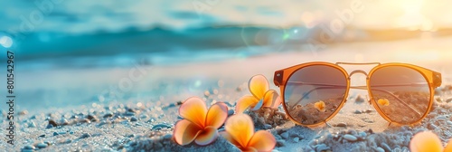 a pair of sunglasses sitting on top of a sandy beach next to a flower with a bright sun