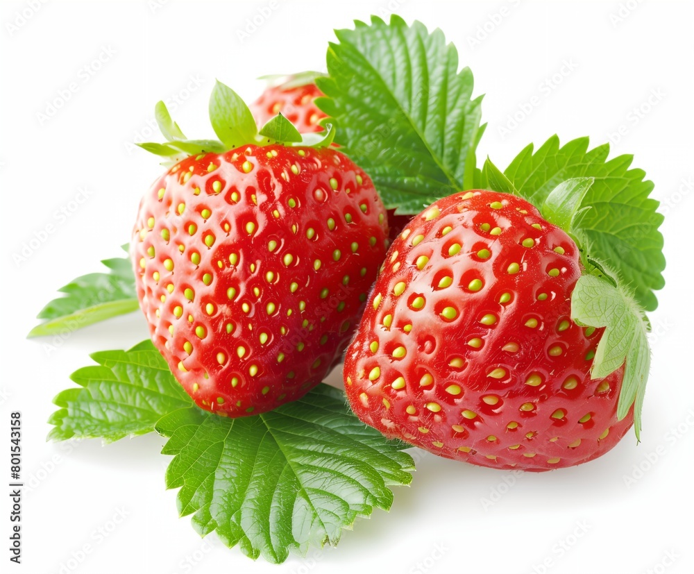 strawberries with green leaves on a white background strawberries with green leaves on a white background