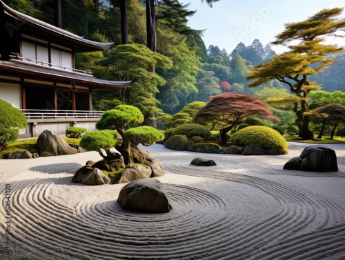 Serene Japanese garden with pagoda and raked sand
