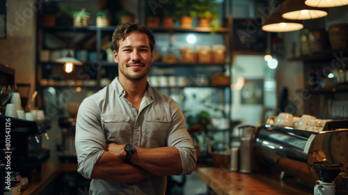 A man is standing in a coffee shop with a smile on his face. He is wearing a white shirt and a black watch. The coffee shop is filled with various items such as cups, bowls, and potted plants