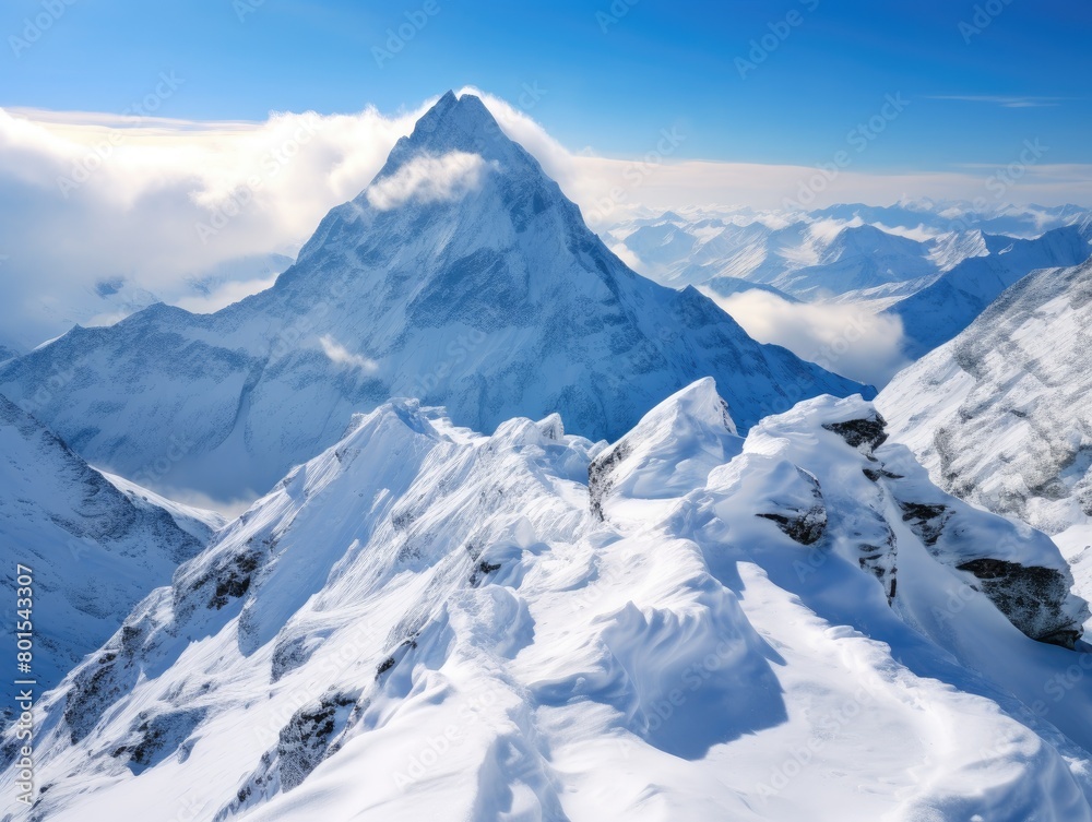 Majestic snow-capped mountain peak in the clouds