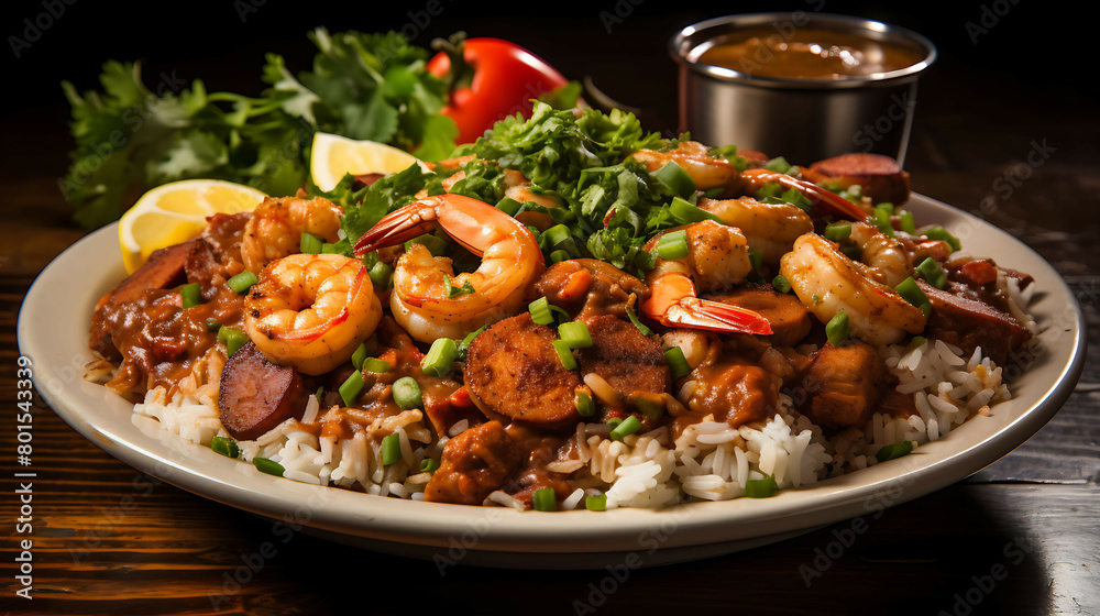 A flavorful and spicy plate of Cajun gumbo with shrimp and andouille sausage.