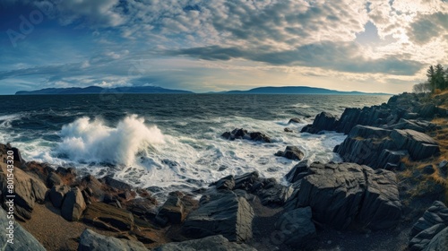 Dramatic seascape with crashing waves and rocky coastline