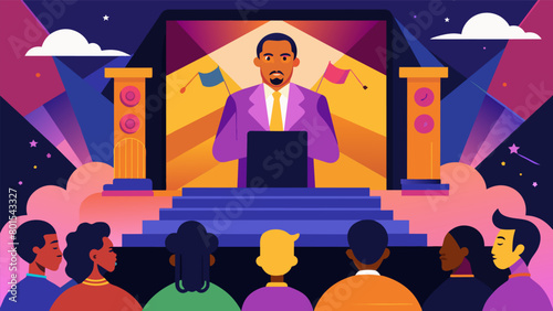 A grand stage adorned with colorful lights and a large screen displaying images of important moments in Black history as a renowned poet shares their. Vector illustration