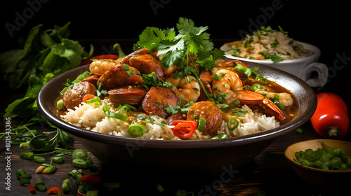 A flavorful and spicy plate of Cajun gumbo with shrimp and andouille sausage.