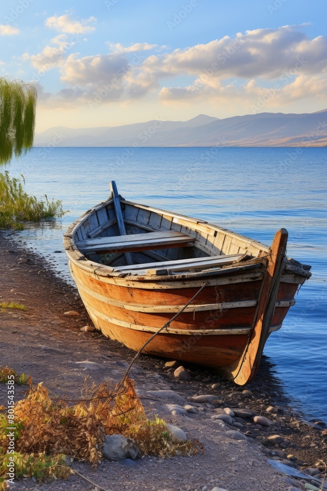 Serene lakeside scene with old wooden boat