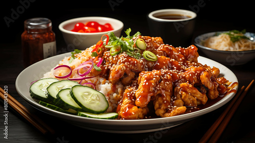 A flavorful and spicy plate of Korean fried chicken with spicy sauce and pickled radishes.