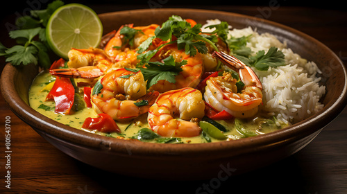 A flavorful and spicy plate of Thai green curry with shrimp and bell peppers.