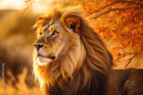 Majestic lion in autumn foliage