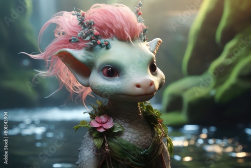 Whimsical fantasy creature with pink hair and floral crown