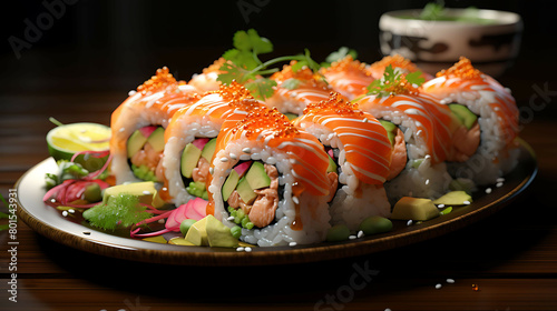 A flavorful plate of sushi with salmon and avocado.