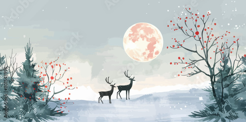 a painting of two deer standing in the snow