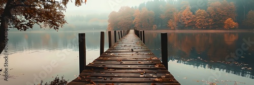 a dock that is next to a body of water with trees in the background and foggy sky above, autumn