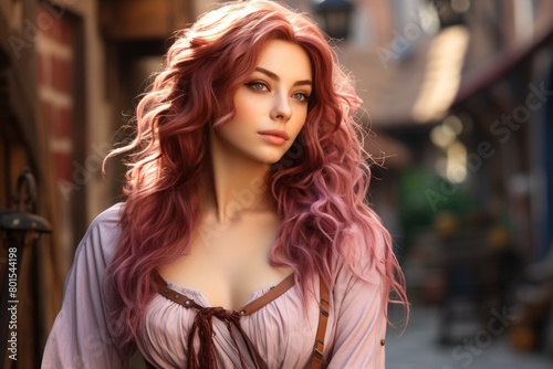 Captivating woman with vibrant pink curly hair
