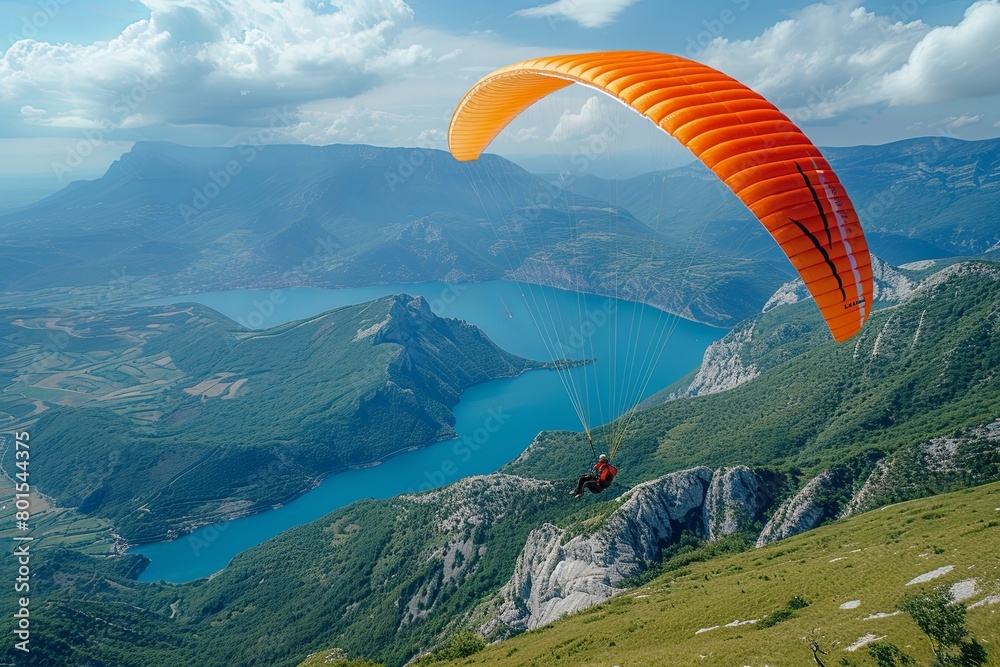 Man is flying a paraglider over a mountainous landscape Man is flying a paraglider over a mountainous landscape