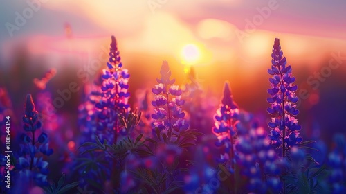  purple flowers in a field at sunset. © Awais