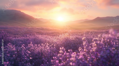 A field of purple flowers with a mountain range in the background. The sun is setting and the sky is a bright orange. There are clouds dotting the sky and the mountain range is partially obscured by f