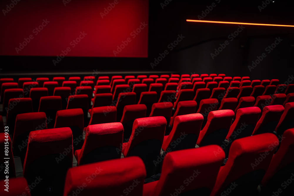 Rows of empty red seats in a dark cinema hall, illuminated by a red glow from the screen, creating a moody and atmospheric setting.