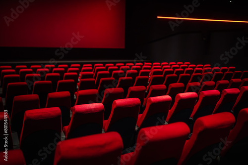 Rows of empty red seats in a dark cinema hall, illuminated by a red glow from the screen, creating a moody and atmospheric setting.