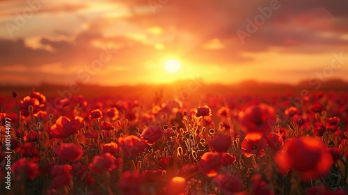 A  field of red flowers with the sun setting in the background. The sky is a mix of blue and light orange.