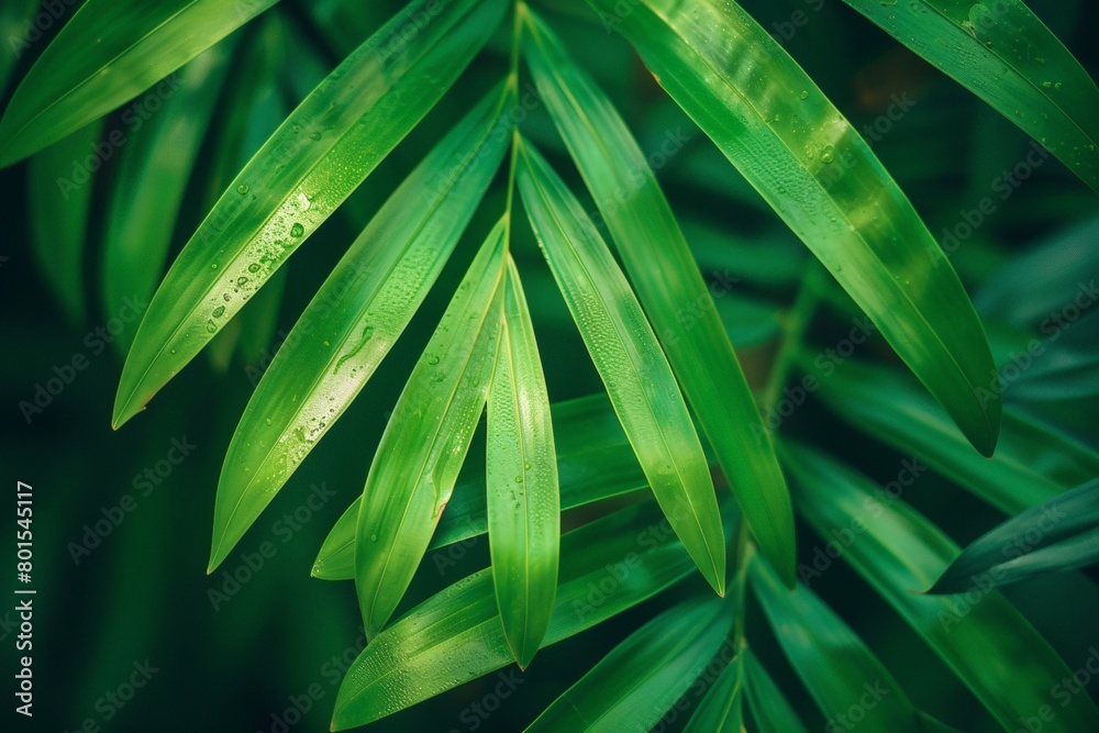 Fototapeta premium Green palm leaf macro, textured tropical leaves background.
