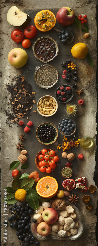 Assorted Fresh Fruits, Vegetables, and Nuts on Rustic Background