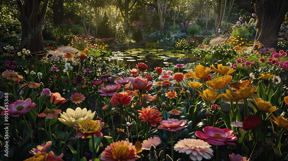 A  garden filled with many different types of flowers. Some trees are seen in the background. The flowers are colorful and bright.