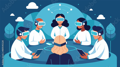 A group of scientists wearing sleek headbands sit in a circle fully immersed in a virtual neural workspace collaborating on a groundbreaking.